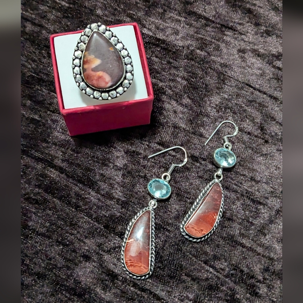 Handcrafted Mookaite Jasper Ring (9) & Pierced Earring Set